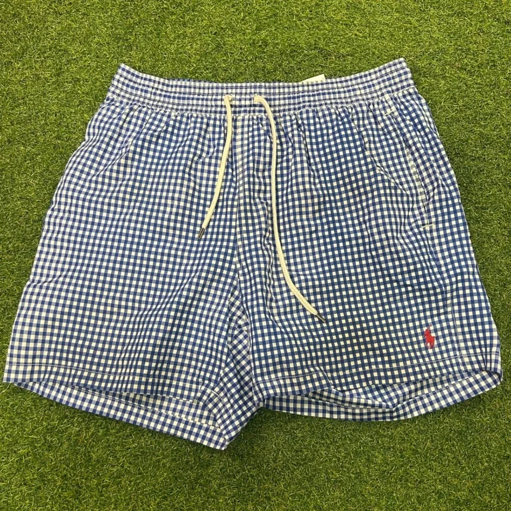 Polo Ralph Lauren Mens Blue Gingham Swim Trunks Shorts Large Pony Logo